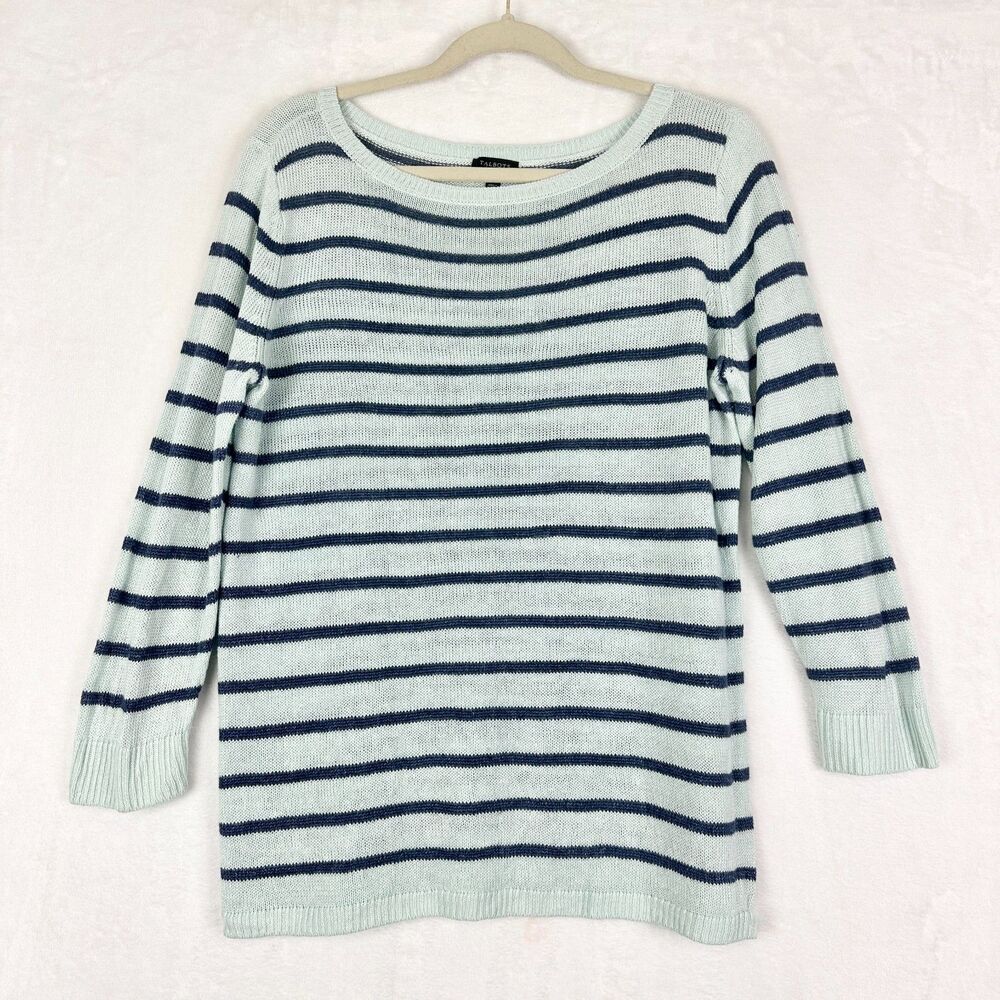 Talbots Linen Sweater Size Medium Stripe Coastal Preppy Classic 3/4 Sleeve
